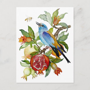 Blaue Vogel unter Granatäpfeln Aquarell-Botanik Postkarte