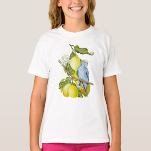Blaue Vogel unter Granatäpfeln Aquarell-Botanik  T-Shirt