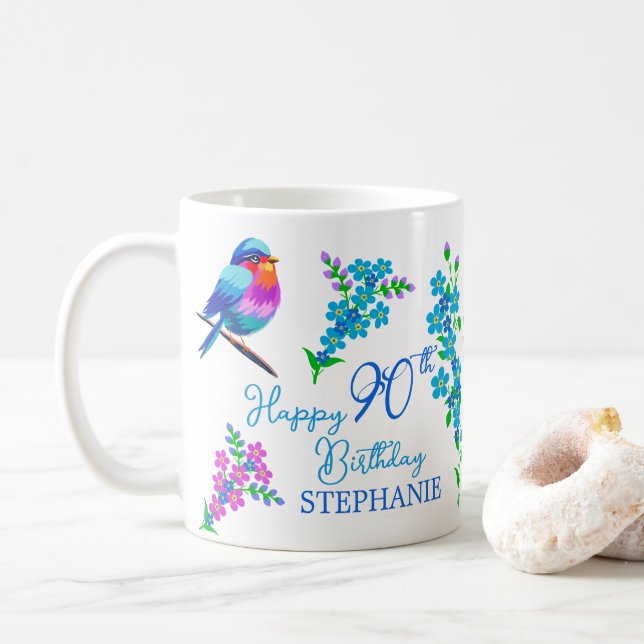 Blaue Vögel vergessen mich nicht blutig 90. Geburt Kaffeetasse (Mit Donut)