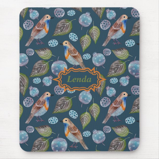 Blaue Vögel Wasserfarben Muster Mousepad (Vorne)