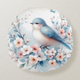 Blaue Vogelblüten-Aquarell Serenität Rundes Kissen