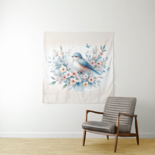 Blaue Vogelblüten-Aquarell Serenität Wandteppich