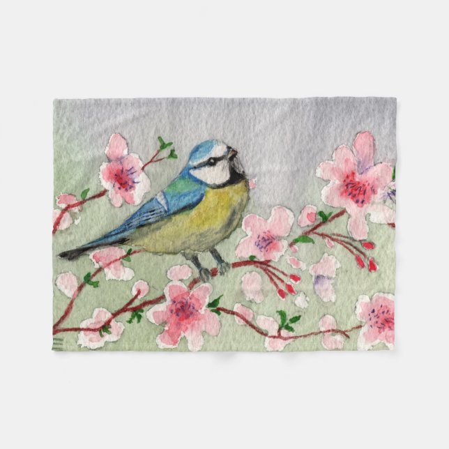 Blaue Vogelbrille auf Kirschblossom Wasserfarbe Fleecedecke (Vorderseite (Horizontal))