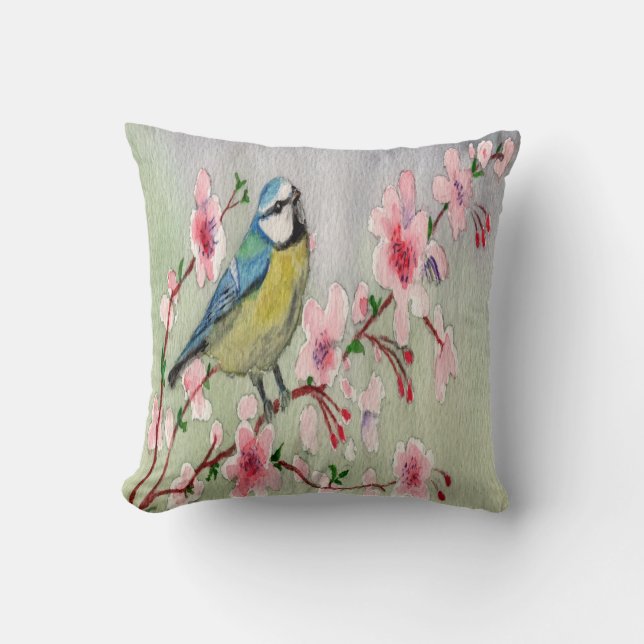 Blaue Vogelbrille auf Kirschblossom Wasserfarbe Kissen (Vorderseite)
