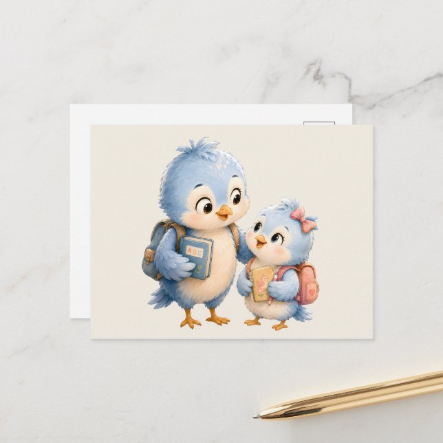 Blaue Vogelfamilie Postkarte (Vorderseite/Rückseite Beispiel)