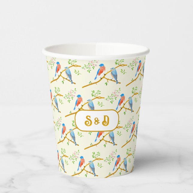 Blaue Vogels Hochzeit Pappbecher (Links)