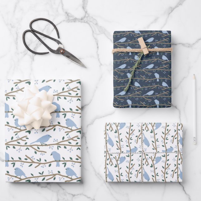 Blaue Vogelschutzpapierblätter Geschenkpapier Set (Vorderseite)