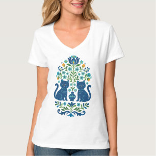 Blaue Volkskunstkatzen – Whimsical Floral Cat Desi T-Shirt