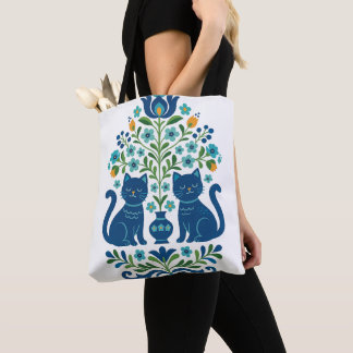 Blaue Volkskunstkatzen – Whimsical Floral Cat Desi Tasche