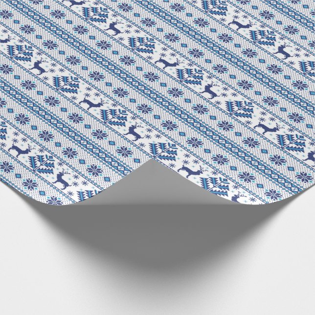 Blaue Volksmotive Ethno-Ornamente Hirsche Weihnach Geschenkpapier (Ecke)