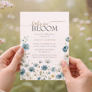 Blaue Vornehme Blumen Aquarell-Baby-Shower Einladung