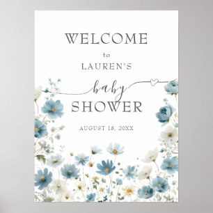 Blaue vornehme Blumen Aquarell-Baby-Shower-Willkom Poster