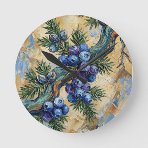 Blaue Wacholderbeeren Texturierte Ölgemälde Kunst Runde Wanduhr