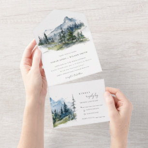 Blaue Wälder Landschaft Sketch Hochzeit All In One Einladung