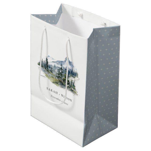 Blaue Wälder Landschaft Sketch Hochzeit Mittlere Geschenktüte (Vorderseite Schrägansicht)