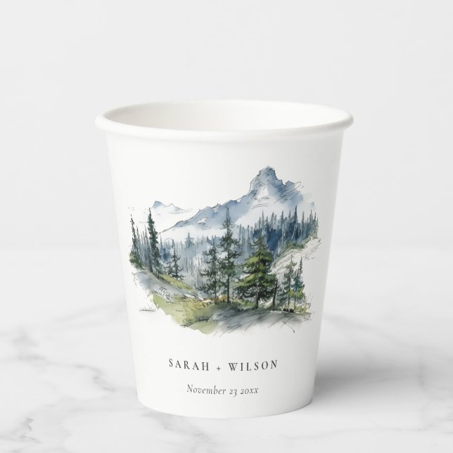 Blaue Wälder Landschaft Sketch Hochzeit Pappbecher (Vorderseite)