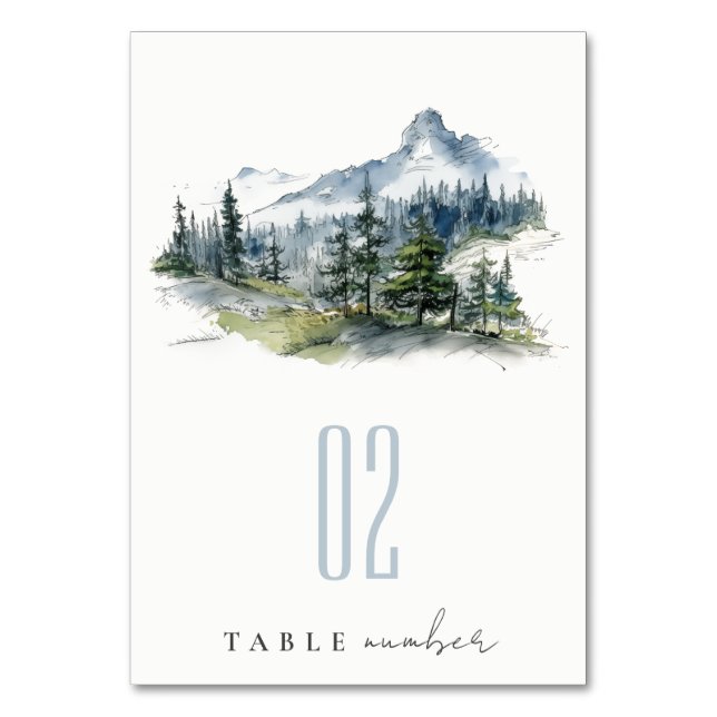 Blaue Wälder Landschaft Sketch Hochzeit Tischnummer (Vorderseite)