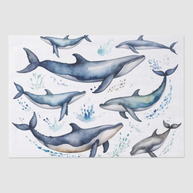 Blaue Wale und Delphine , Meerestiere Seidenpapier (Vorderseite)
