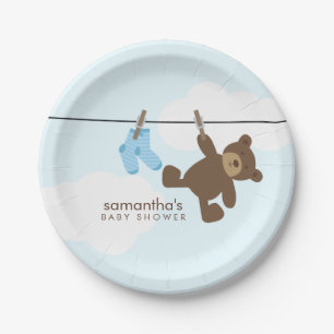 Blaue Wäscheleine-Jungen-Babyparty Pappteller