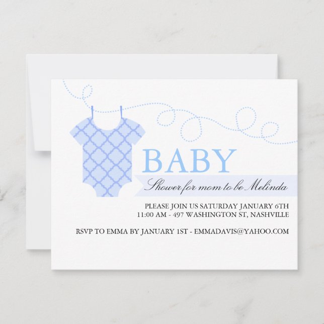 Blaue Wäscheleine Moderne Babydusche Einladung (Vorderseite)