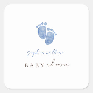 Blaue Wasserfarbe-Babyspuren-Baby Shower-Einladung Quadratischer Aufkleber