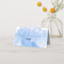 Blaue Wasserfarbe & Bäume Winter Hochzeitskarte Platzkarte