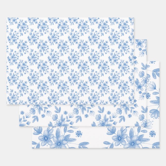 Blaue Wasserfarbe Bouquet Muster Geschenkpapier Set (Set)