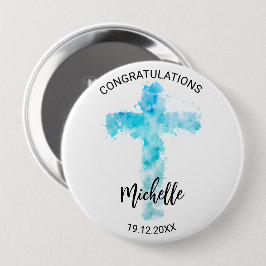 Blaue Wasserfarbe Christliche Kreuztaufe Button