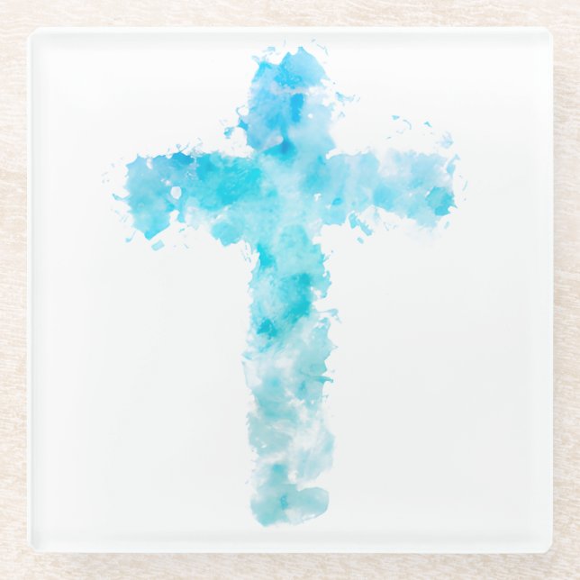 Blaue Wasserfarbe Christliche Kreuztaufe Glasuntersetzer (Vorderseite)