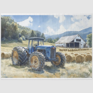 Blaue Wasserfarbe-Dekoupage mit altem Traktor Seidenpapier