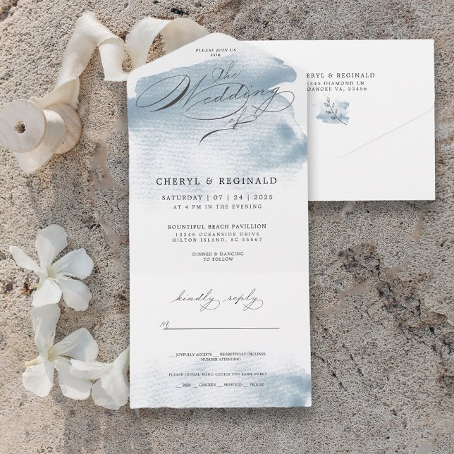 Blaue Wasserfarbe des Ozeans Die Hochzeit von | All In One Einladung (Von Creator hochgeladen)