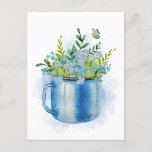 Blaue Wasserfarbe Frühlingsblumen in Tasse Postkarte