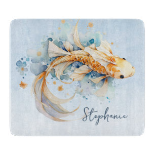 Blaue Wasserfarbe Gold Koi Fisch Personalisiert Schneidebrett