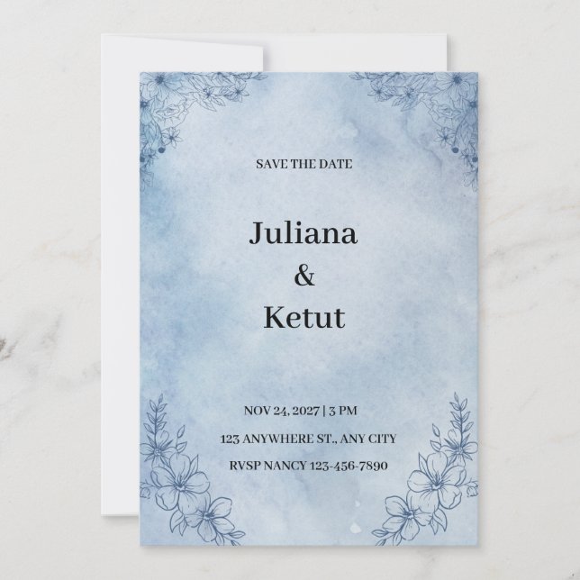 Blaue Wasserfarbe grenzt an Save the Date Einladun Einladung (Vorderseite)