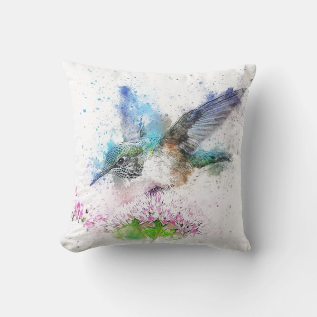 Blaue Wasserfarbe Hummingbird Pillow Kissen (Vorderseite)