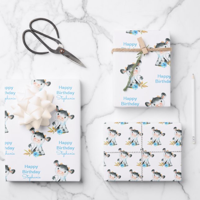 Blaue Wasserfarbe Kleine Kuh Geschenkpapier Set (Vorderseite)