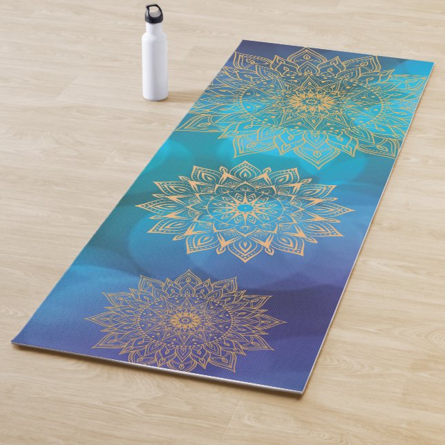 Blaue Wasserfarbe Kosmischer Boho Golden Mandala Yogamatte (Beispiel)