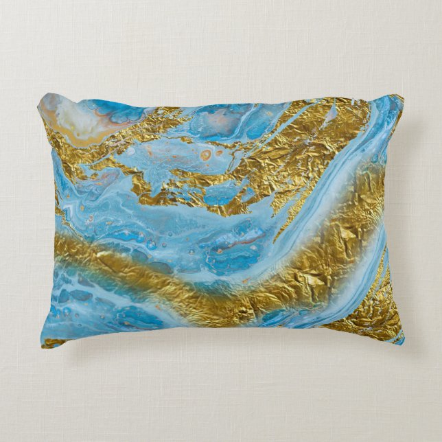 Blaue Wasserfarbe Marmor & Goldfolie Dekokissen (Vorderseite)