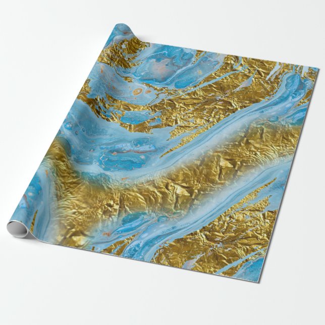 Blaue Wasserfarbe Marmor & Goldfolie Geschenkpapier (Ungerollt)