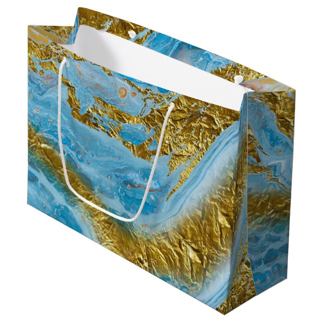 Blaue Wasserfarbe Marmor & Goldfolie Große Geschenktüte (Vorderseite Schrägansicht)