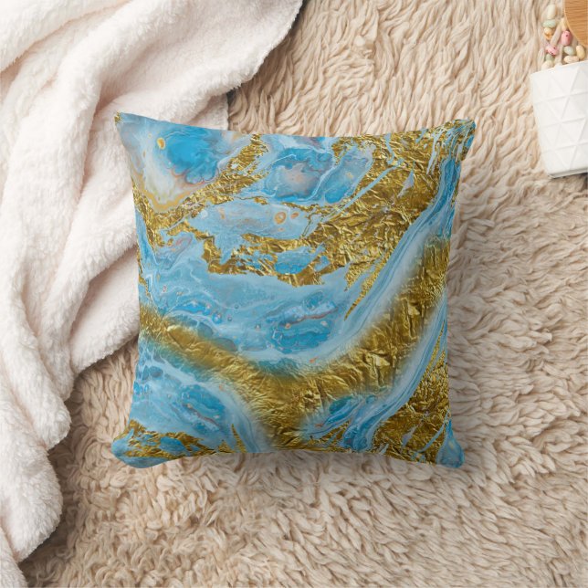 Blaue Wasserfarbe Marmor & Goldfolie Kissen (Decke)