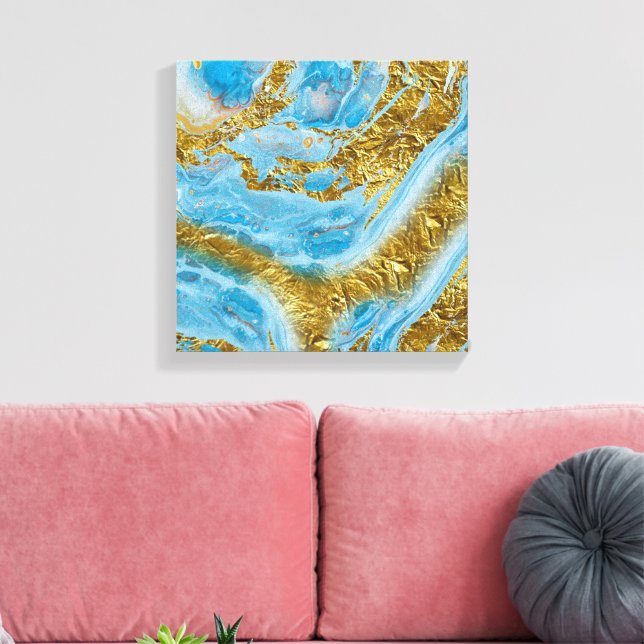 Blaue Wasserfarbe Marmor & Goldfolie Leinwanddruck (Insitu (Wohnzimmer))