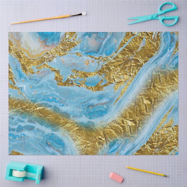 Blaue Wasserfarbe Marmor & Goldfolie Seidenpapier (Basteln)