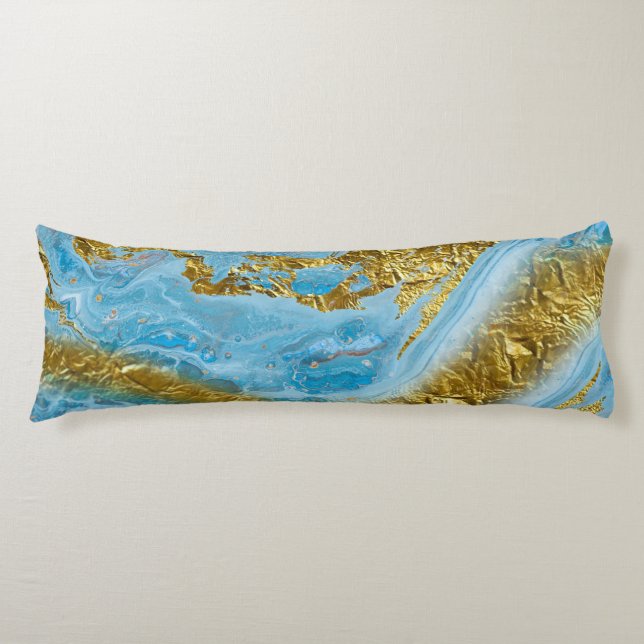 Blaue Wasserfarbe Marmor & Goldfolie Seitenschläferkissen (Vorderseite)