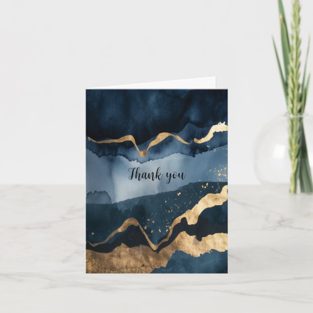 Blaue Wasserfarbe mit Goldflecken Dankeskarte (Vorderseite)