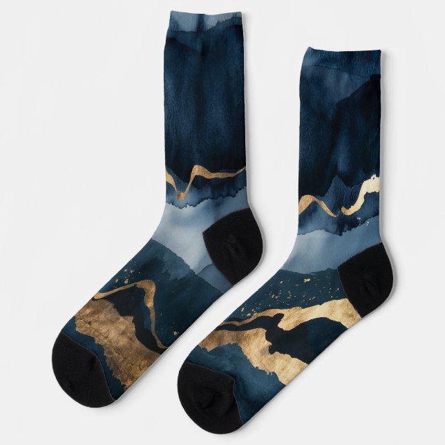 Blaue Wasserfarbe mit Goldflecken Socken (Linkes Detail)
