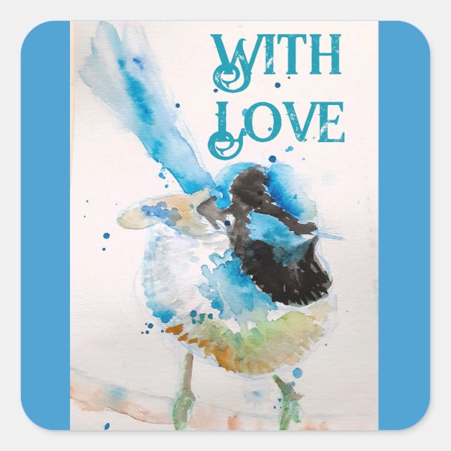 Blaue Wasserfarbe mit Liebe Wrens Aqua Quadratischer Aufkleber (Vorderseite)