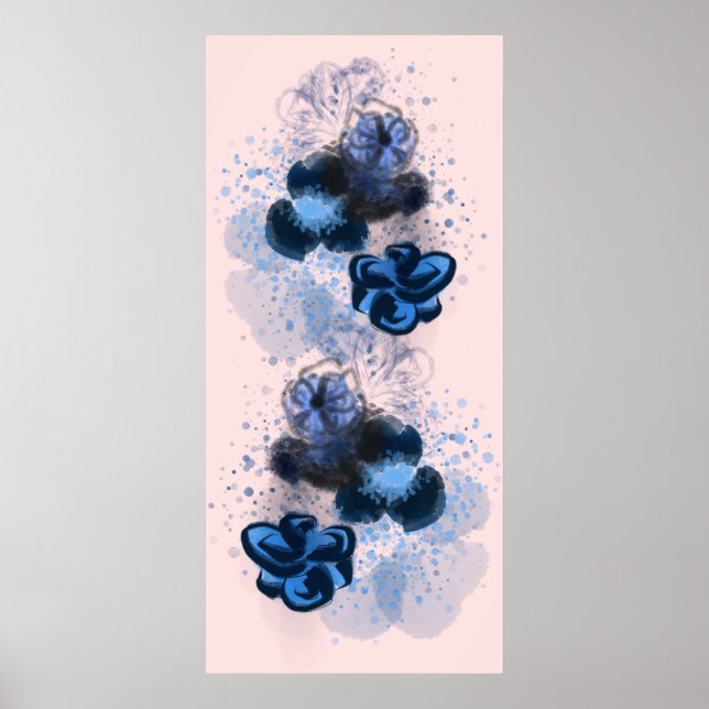 Blaue Wasserfarbe Original Orientale Blume Malerei Poster (Vorne)