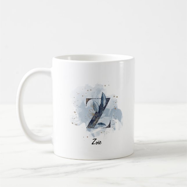 Blaue Wasserfarbe personalisierter Name Buchstabe  Kaffeetasse (Links)