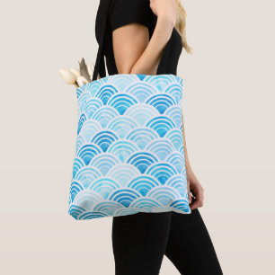 Blaue Wasserfarbe Seigaiha Waves Muster Tasche